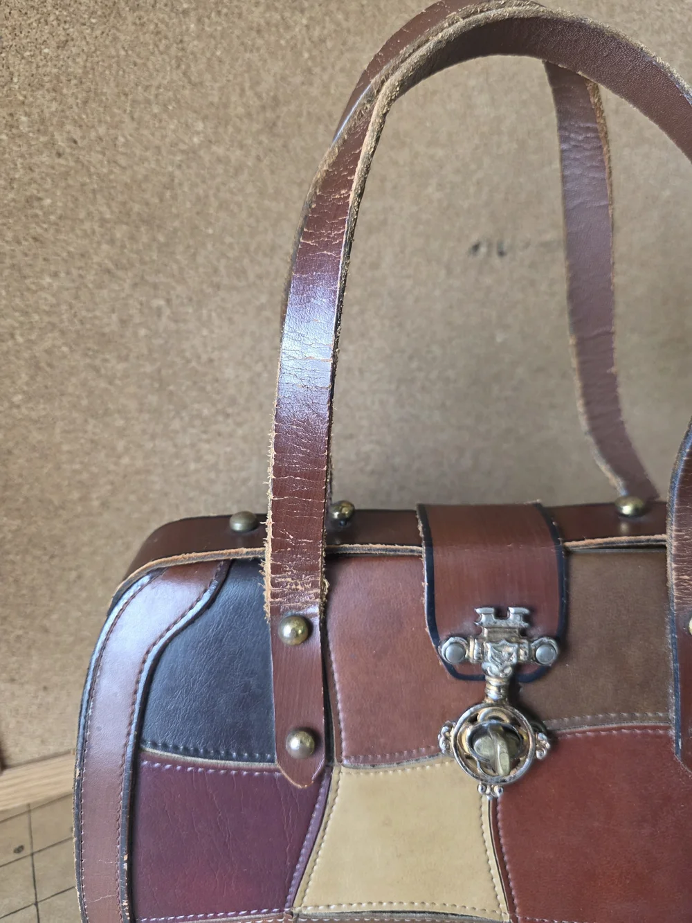 Burlington Patchwork Leather Frame Satchel  Vintage Boho Handbag